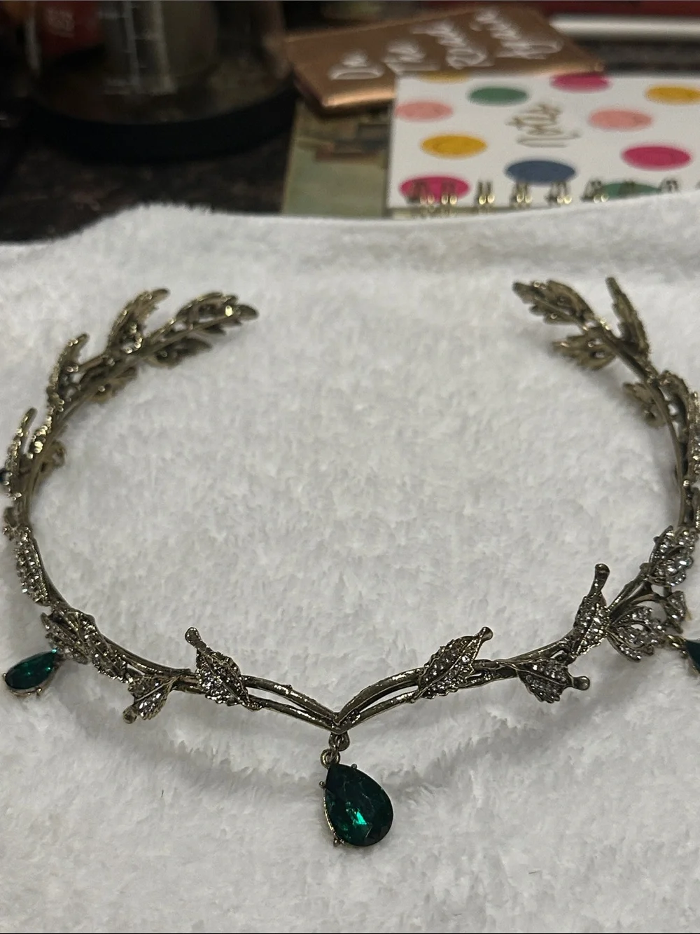 Octavia’s Crystal Drop Head Band in Antique Gold & Green Crystal